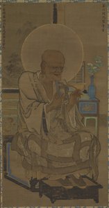 अरहत (हटरा सोनजा - भद्र) बैठा; टेबल पर एक फूलदान में एक फूल वाली शाखा, नानबोकोचो अवधि, 14 वीं शताब्दी के मध्य (रेशम पर स्याही और रंग) द्वारा Ryozen